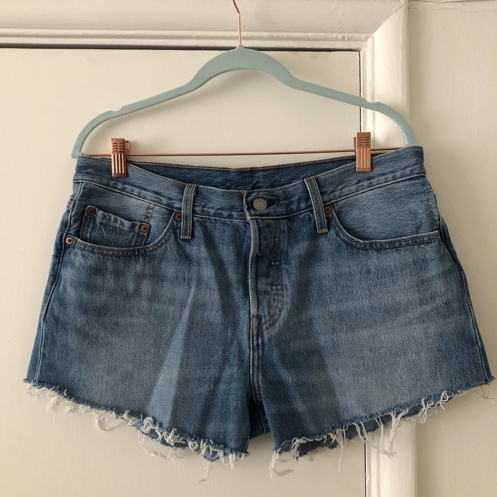 Levi’s 501c distressed denim button-up shorts